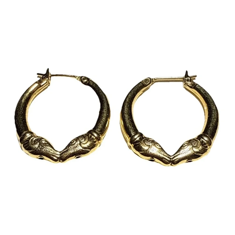 Vintage Monet Gold Tone Kissing Rams Hoop Earrings J15-10